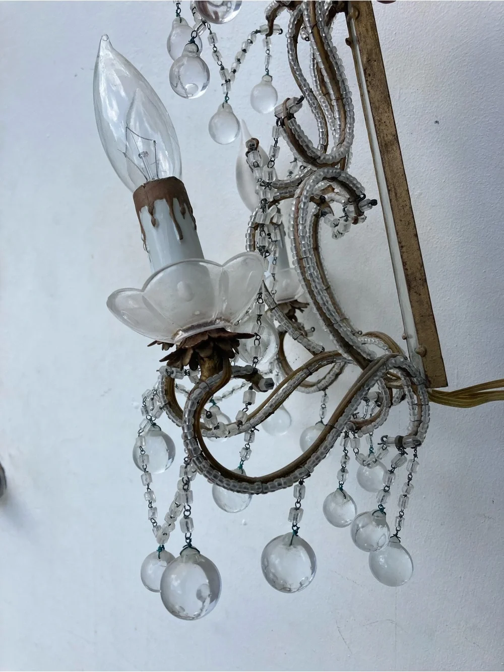 Vintage Italian Macaroni Beaded Glass 3 Light Wall Sconces Pair